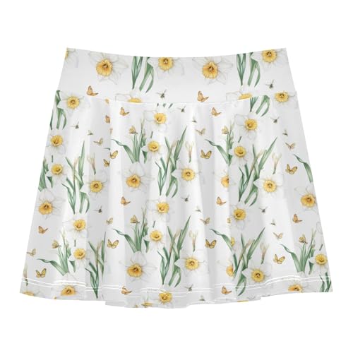 Daffodils White Girls Athletic Skirts with Built-in Shorts Flowy Cheerleading Skirts with Pockets Skorts for Little Girl