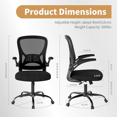 Image of Youhauchair Mesh Office Chair, Ergonomic Home Office Desk Chairs with Flip-up Arms and Lumbar Support, Height Adjustable, Black | Flip-up Arms, Lumbar Support, Home Desk Chair, Height Adjustable, Breathable, Mid Back Swivel Compurter Chair, Set of 1