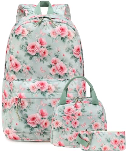 Bluboon Teens Backpack Set Girls School Backpack Lunch Box Pencil Bags Student Bookbags 3 in 1 (Pink Bow Rose)