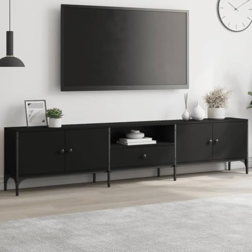 Meuble TV Noir Moderne avec Tiroir, Meuble Télé 200 cm en Bois d'Ingénierie Durable pour Salon et Salle de Séjour, Console Média avec Portes Étageres...