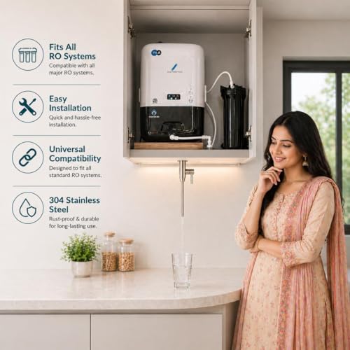 Image of Shapure 3 /8 Inch RO Water Purifier Faucet Installation Kit | Straight Stainless Steel Tap with 3 /8 inch Pipe, Push Connectors, Elbow, Adapter & Washers | Universal RO Faucet Fitting Kit