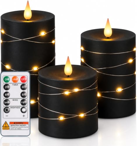 Image of Homemory Black Flameless Candles with Fairy Lights, Remote Timer, Set of 5