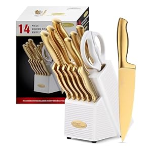 Marco Almond® Gold Knife Set, Knife Block Set MA21,Titanium Coated 14 Pieces Stainless Steel Chef Gold Kitchen Knife Sets with White Block