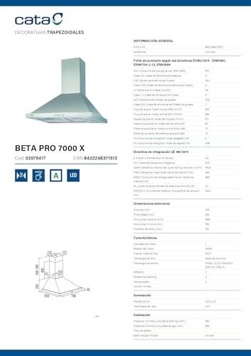 CATA Campana Extractora BETA PRO 7000 X Control Electrónico Temporizador 3 Niveles Extracción 1027 m3/h Nivel Sonoro 64 dB Motor A100 Consumo 380 W Iluminación Led Color Inox - imagen 2
