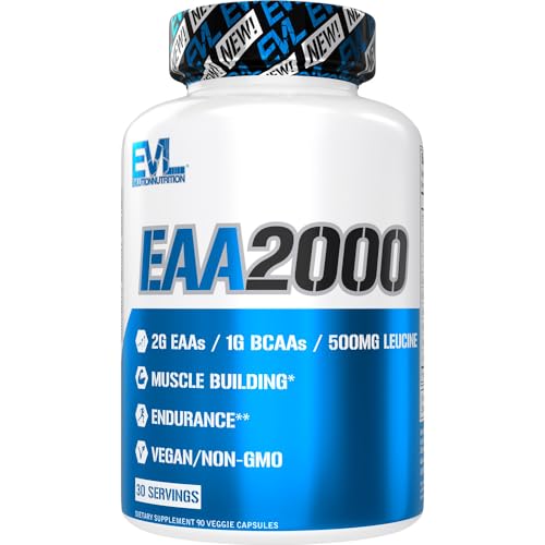 Evlution Nutrition EAA2000 – Pre & Post Workout Capsules – Muscle Building + Recovery Supplement – 2g Essential Amino Acids + 1g BCAAs – Endurance + Energy Support – 30 Servings