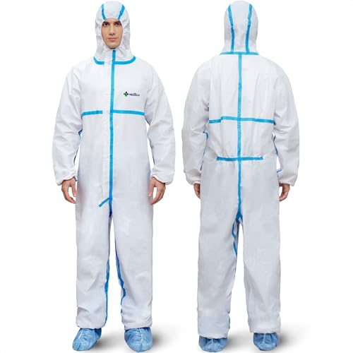 Medtecs Hazmat Suits - 6 Sizes Options (1 PC) - with Sealed Tape - Fabric Passed AAMI Level 4 Disposable Coverall PPE Suit for Biohazard Chemical Protection - Full Body Protective with Hood | M