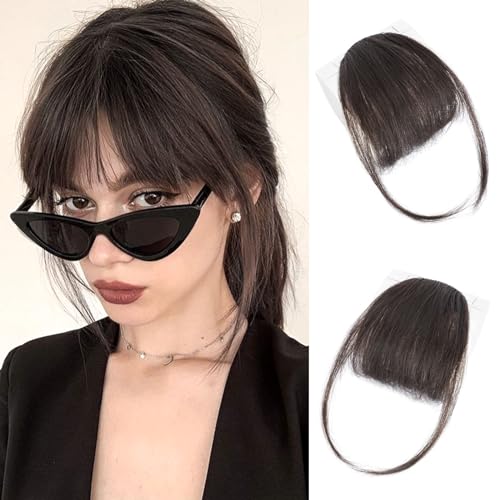 Lommel Clip in Bangs 100% Real Human Hair Wispy Fake Bangs Hair Clip for Women Dark Brown Natural Curtain Fringe with Temples Hairpieces for Daily Wear and Various festivals(Dark Brown)