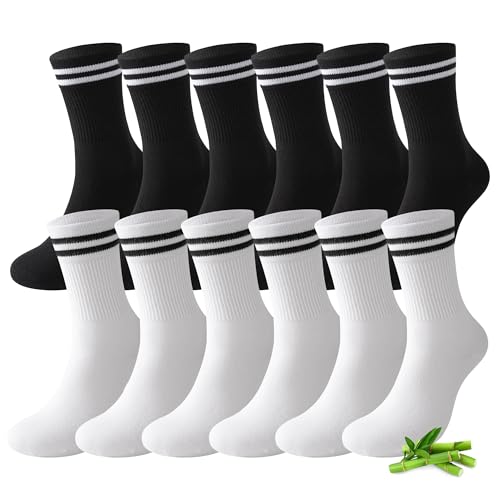 FALARY Lot de 6 Paires de Chaussettes de Tennis en Bambou pour Hommes et Femmes, Anti-transpiration, Respirantes, Chaussettes de Sport Blanc Noir 43-46