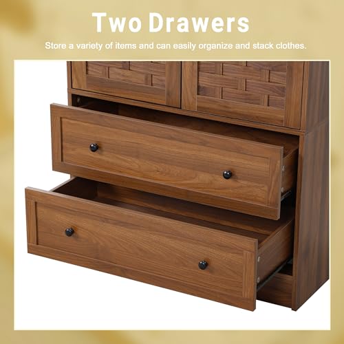 LEVNARY Armoire Wardrobe Closet with 2 Woven Doors, Wardrobe Cabinet with Storage Drawers and Hanging Rail, Freestanding Closets for Bedroom (Walnut) - Thumbnail 6