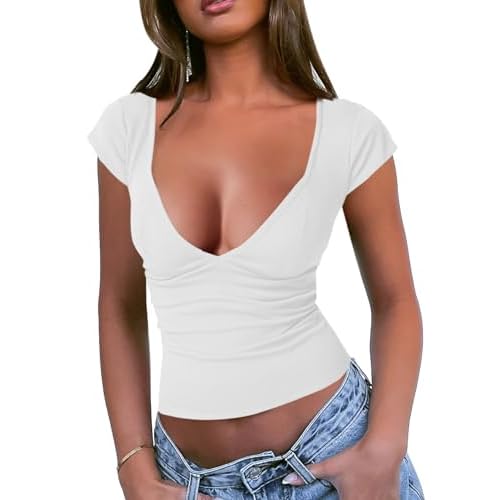 Fallorchid Women's Sweetheart Neck Ribbed Knit Top Short Sleeve Sexy Slim Fit T Shirt White