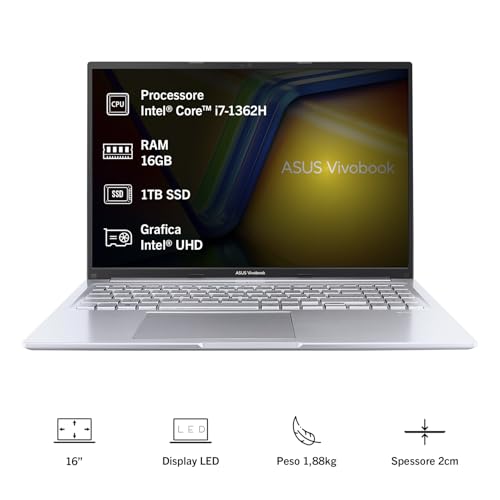 Asus Vivobook 16 X1605VA#B0DPG18JHM, Notebook con Monitor da 16" Anti-glare, 60Hz, Intel® 13esima gen Core™ i7-13620H, RAM 16GB, 1TB SSD, Windows 11 Home, Argento - Notebook - Immagine 1