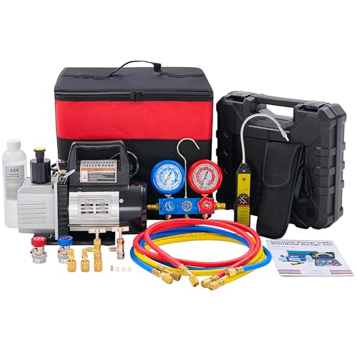 OLIXIS 110V 1/3 HP 4CFM Single Stage Vacuum Pump Kit with R134a Manifold Gauge Set, Leak Detector, 1/4' Hoses & Carry Bag for HVAC AC Refrigeration, ETL Listed (Black)