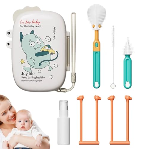 Juego de pinceles para biberones, 5 en 1, limpiador de botellas de agua, cepillo de paja para pezones, barra de secado portátil con dispensador de jabón, caja de almacenamiento, accesorios para el