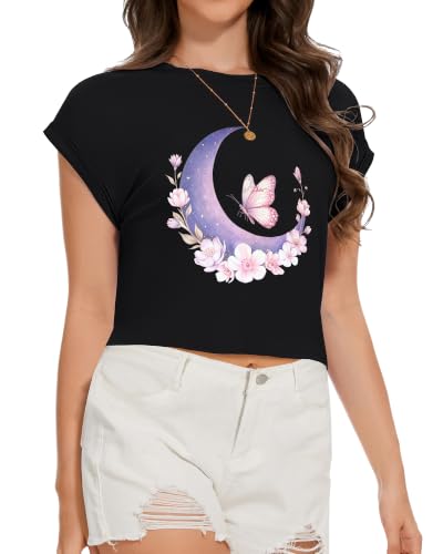 Image of Womens Crop Tops Summer Roll Cap Sleeve Cropped Tshirt Loose Fit Basic Tees