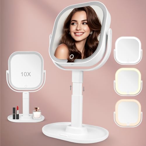 Vankarr Espejo Maquillaje con Luz, 10X/1X Aumento Doble Cara Espejo con Luz Recargable USB, Base Soporte para Móvil Portátil, 360 Giratorio 3 Colores Brillo Regulable