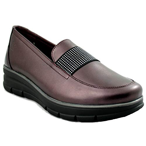 24 Horas 24290 - Mocasines de Mujer de Piel Suaves de Color Burdeos con Detalles de Tachuelas - 37, Grana