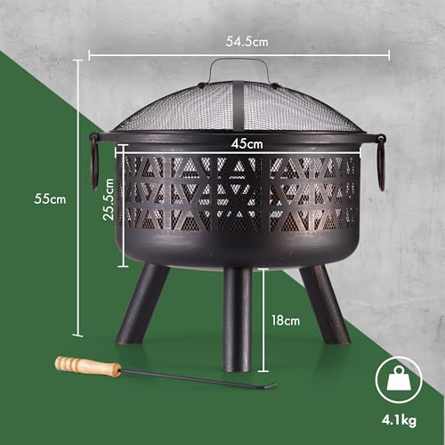 Vonhaus Feuerstelle für Garten,Terrasse & Outdoor– tragbar und leicht, Feuerkorb aus bronzegetönter Stahl, Geometrischer Design, Feuerschale mit Funkenschutz & Schürhaken, Nutzbar mit Holz oder Kohle