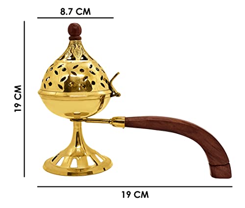 Satvik Pure Brass Incense Dhuni Burner With Long Wooden Handle. Handheld Puja Dhuna Loban Burner Pooja Agarbatti Dhoop Pot Dhuni Stand Indian Housewarming Return Gift Items Bulk #TOP2