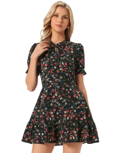 Image of Allegra K Womens Floral Chiffon Mini Dress Ruffle Hem Puff Short Sleeve