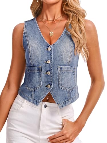 IVIR Denim Vest V Neck Jean Vest Tops for Women Sleeveless Button Down