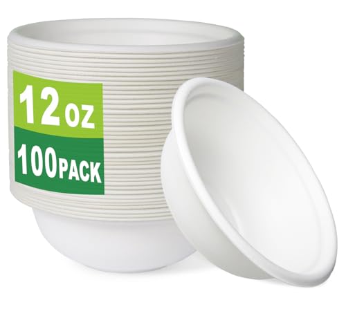 GreenWorks 100 Count 12 OZ Compostable Bowls, Biodegradable Bagasse and Bamboo fiber Paper Bowls