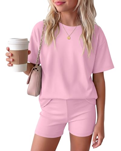 Image of Oakgarden Summer Outfits for Girls 5-14Y Athletic Casual Sets Kid Short Sleeve Shirt Bike Shorts 2 Piece Tween Trendy Clothes