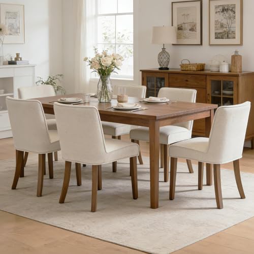 Image of Mid-Century Dining Chairs Set of 6, Linen Fabric Solid White Kitchen Chairs with Walnut Wood Leg Cushioned Back Modern Rustic Side Chairs for Dining Room /Kitchen /Restaurant