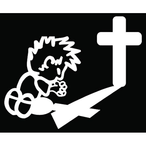 Boy Kneeling Praying Cross Car Truck Window Bumper Vinyl Graphic Decal Sticker- (6 inch) / (15 cm) Wide GLOSS WHITE Color Cover