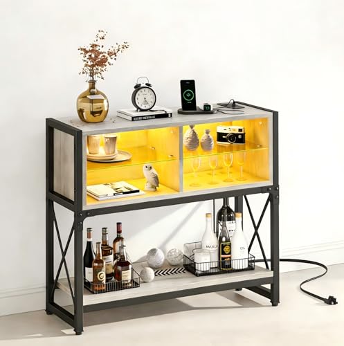 Bestier Coffee Corner Bar Cabinet for Living Room, Sideboard Table Buffet with LED Console Table with Open Storage & Glass Shelves, Display Shelf Kitchen, Grey