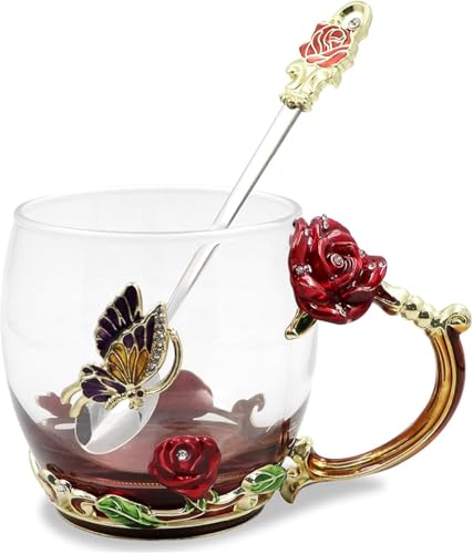Image of 1PCS Enamels Butterfly Flower Tea Cup, Glass Coffee Mugs with Spoon, Gifts for Birthday Valentines Mothers Day Graduation Christmas, Presents for Women Wife Mom Girls Teacher Friends, 350 ml