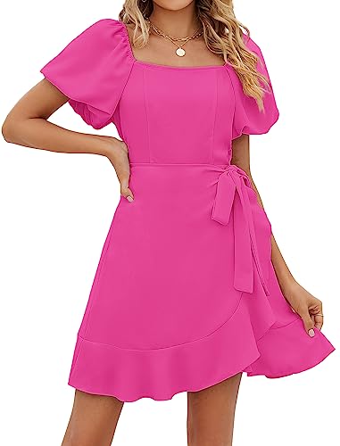 Image of Sampeel Womens Summer Dresses Square Neck Puff Sleeve Tie Waist Short Dress
