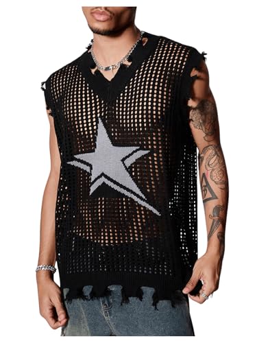 Verdusa Men's Sweater Vest Y2k Gothic Tops Sleeveless Shirts Raw Trim Knitted Sheer Crochet Pullover Top Black Large