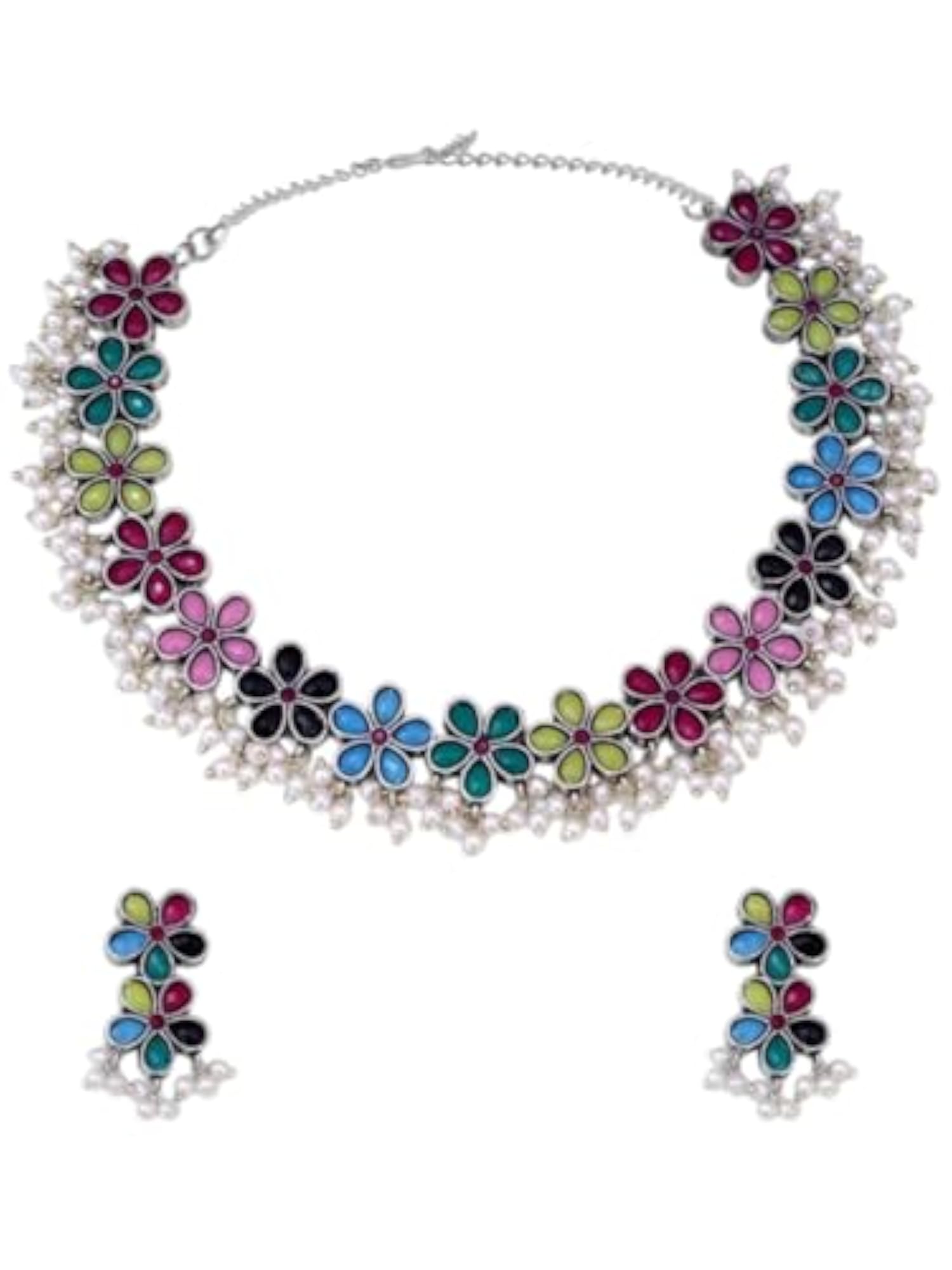 Women's Oxidised Silver Choker Necklace Set - Multi Color Floral Design