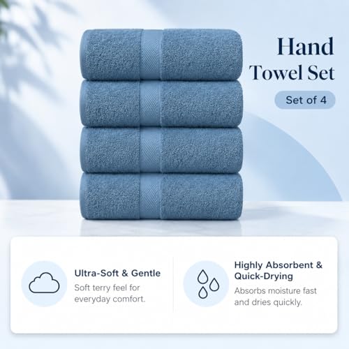 Image of Sulfar 100% Combed Cotton, Quick Drying Highly Absorbent, Luxury Hand Towel Set (Pack of 4, 40 X 70 cm) Dark Blue