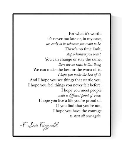 Impression artistique F. Scott Fitzgerald affiche citation For What It Is Worth 28x35 cm