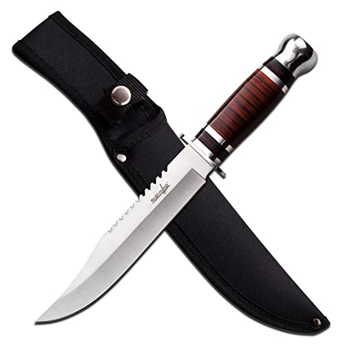 Survivor - Fixed Blade Knife - 12.25-inches Overall, Satin Finish Clip Point Blade w/ Sawback, Brown Wood Handle, Includes Nylon Sheath - HK-782L - Hunting, Camping, Survival - Prep. Survive. Thrive.