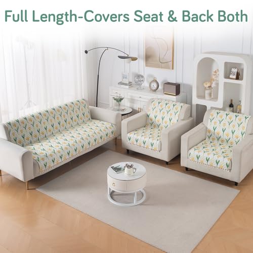 Image of HOKIPO Tulip Blossom Quilted Sofa Cover 5 Seater with Tassels Set - Sofa Cover for Seat & Back | 'Tassel Twigs' Series (IN-991-T4 + IN-989-T4)