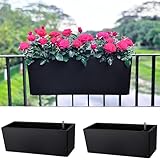 LaLaGreen Rail Planter for Balcony Outdoor (20 Inch, 2 Pack) Large Black Self Watering Railing Planters with Brackets, Rectangular Plastic Deck Fence Window Box Designer Choice with Rattan Pattern
