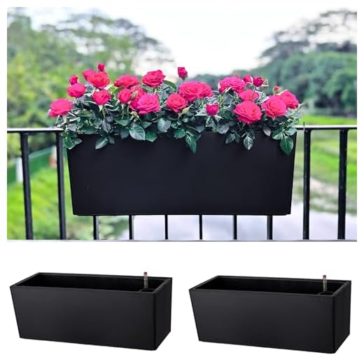 LaLaGreen Rail Planter for Balcony Outdoor (20 Inch, 2 Pack) Large Black Self Watering Railing Planters with Brackets, Rectangular Plastic Deck Fence Window Box Designer Choice with Rattan Pattern