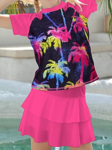 SunFocus Maiô Rash Guard 2 peças de manga curta para meninas tamanho 6-11 saia de natação com short