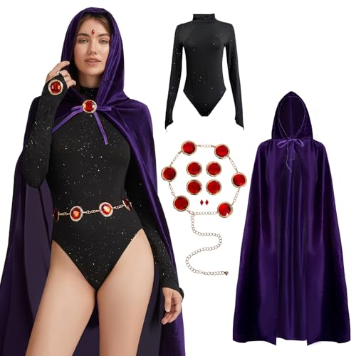 MRYUWB Adult Halloween Costumes 2026 Women Long Sleeve Bodysuits Purple Cape and Anime Cosplay Red Gem Waist Belt Costumes Props Set (Purple XX-Large)