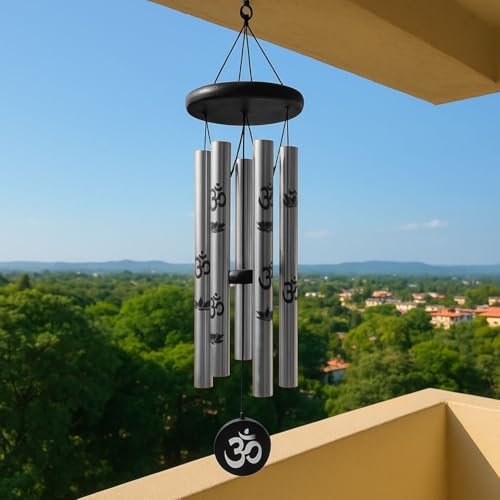 Image of 27inch Big Wind Chime for Home & Balcony Hanging - 5 Pipe OM Design Wind Chime for Positive Energy & Melody Sound (Silver)