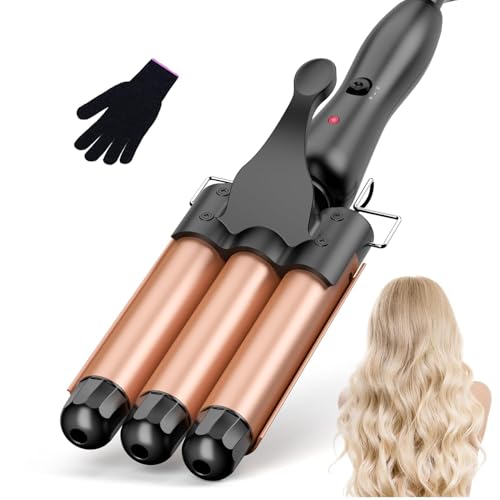 25mm Hair Waver 3 Barrel Beach Wavers Curling Iron Small Ceramic Curling Wand 2 Temperature Settings (150-210C) Fast Heating with Heat Resistant Glove Rose Gold