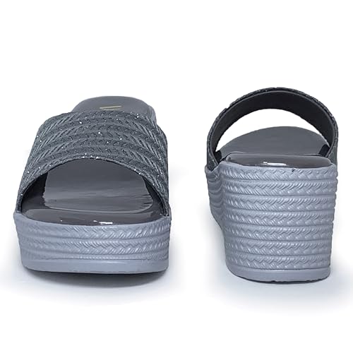 Image of WFS Women's Black 2.5 Inch Wedge Heel Slip-On Fashion Sandals - Shimmer Finish