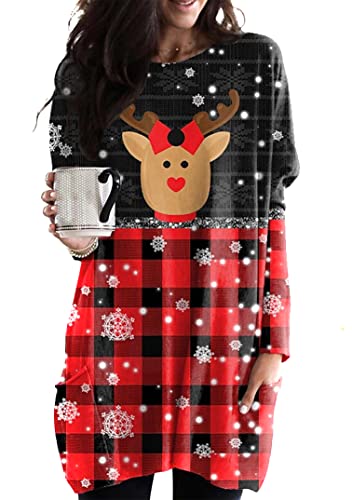 EFOFEI Damen Bequemes Unterhemd Winter Warm Langarm Pullover Langärmliges Bedrucktes Hemdkleid Elch Schwarz Rot 3XL
