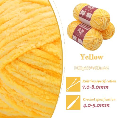 Image of LUNARM Chenille Yarn 3 Pack 3.5oz Chunky Blanket Velvet Yarn 263 Yard | Yellow Velvet Chunky Chenille Yarn for Beginners Crocheting Hand Knitting Scarves with Big Eye Needles Machine Washable