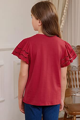 Image of blibean Girls Summer Short Sleeve Shirts Cotton Tops Size 4-15 Years Old | Kids Fashion Causal Solid Color Tee, Cute Ruffle Crewneck Basic Blouse, Flowy Clothes for Tween Teen Girl, Soft Breathable
