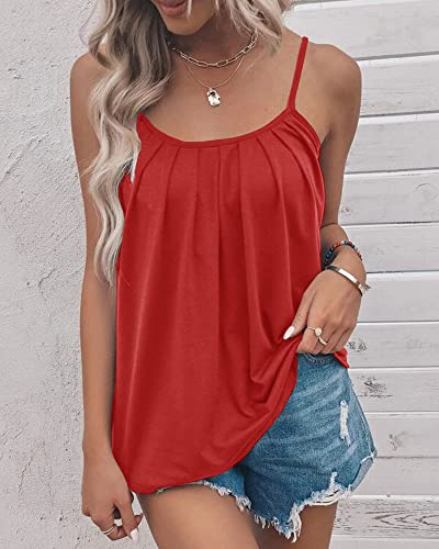 Kaxindeb Women's Casual Spaghetti Strap Tank Tops Pleated Scoop Neck Loose Fit Plain Camisole Shirts Blouses Red #TOP1