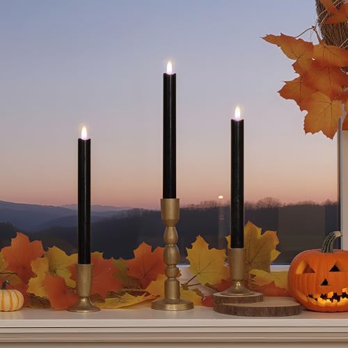 Image of JOIONE Black Flameless Taper Candles with Remote, 3 Pack Halloween Decor | Battery Operated LED, Black Real Wax, Remote Control, Warm Flickering Glow, Safe Halloween Home & Party Decor