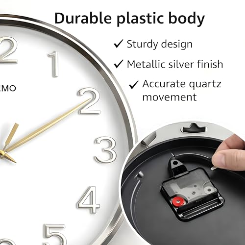 Image of Amazon Brand - Solimo 12 Inches Silent Wall Clock for Living Room Bedroom Office Plastic Easy to Read 3D Numbers Modern Stylish Sweep Movement Wall Clock for Home 1603DX (Silver)